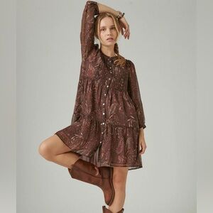 Lucky Brand Brown Long Sleeve Paisley Babydoll Dress
